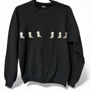 Vtg Black Sweatshirt with Silver Cowboy Boot Appliques